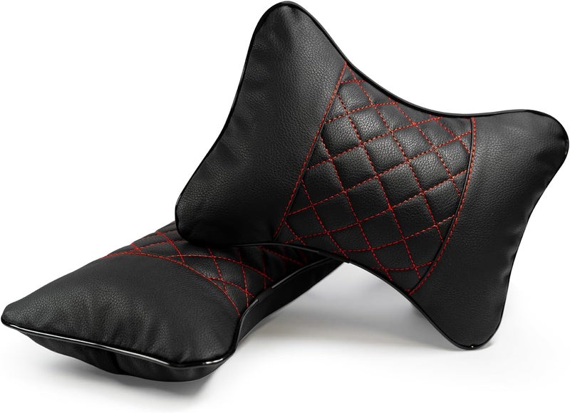 Synterior Set of 2 Quilted Faux Leather Car Headrest Pillow, Black Case/Red Threading, Ergonomic Neck Support for Comfortable Driving (Black Base/Red Thread) - Image 2